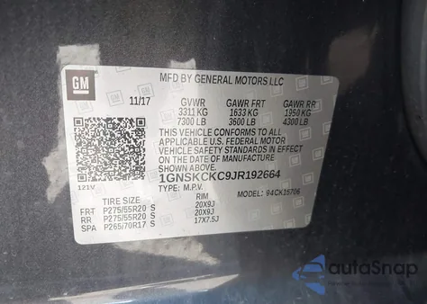2018 Chevrolet Tahoe Premier z USA, uszkodzony, nr VIN 1GNSKCKC9JR192664